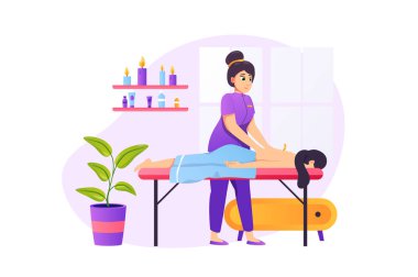 Spa salon concept in flat style with people scene. Masseuse makes back massage to client. Woman lying on couch receiving body treatment and candlelight aromatherapy. Vector illustration for web design
