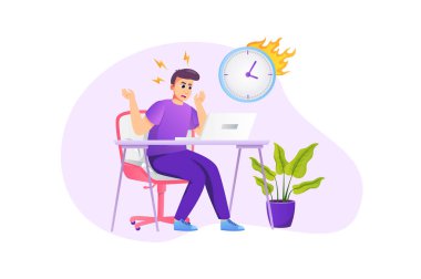 Deadline concept in flat style with people scene. Frustrated and angry man working on laptop, rushing to complete work tasks on time, getting stressed at overtime. Vector illustration for web design