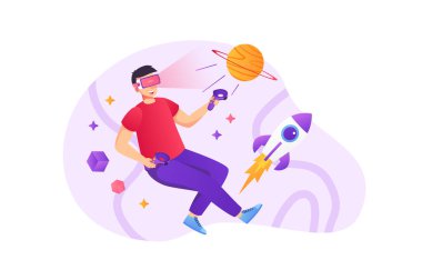 Virtual reality concept in flat style with people scene. Happy man in VR glasses and controllers playing and exploring cosmos with rocket and planets in simulation. Vector illustration for web design
