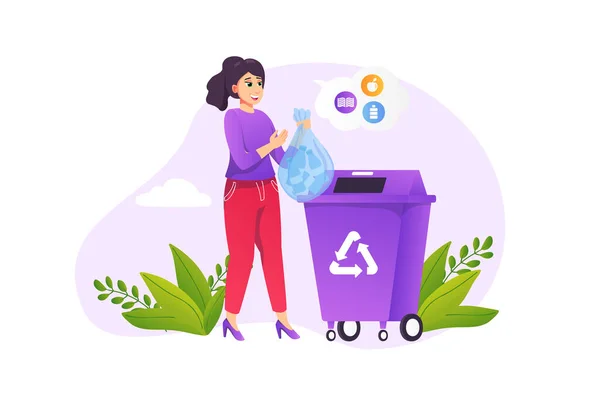 Garbage Recycling Concept Flat Style People Scene Happy Woman Collecting — Stockový vektor