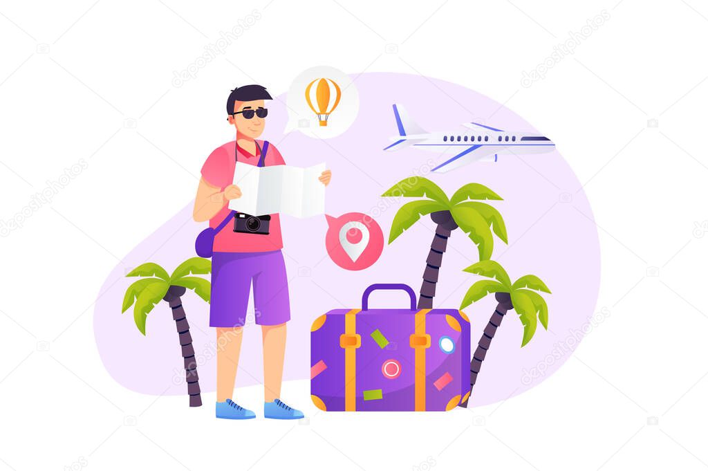 Travel vacation concept in flat style with people scene. Happy man flying to exotic resort with luggage, holding map and planning entertainment and recreation. Vector illustration for web design