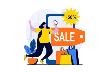 Mobile commerce concept with people scene in flat cartoon design. Woman makes online purchases after receiving notification about sales and discounts prices. Illustration visual story for web