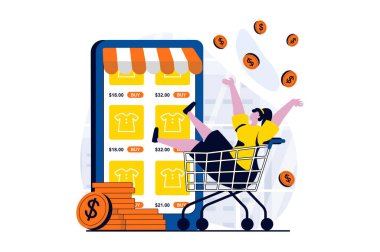 Mobile commerce concept with people scene in flat cartoon design. Woman makes online purchases and buys new products bargain prices in smartphone application. Illustration visual story for web
