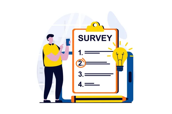 Online survey concept with people scene in flat cartoon design. Man answers questions from sociological survey by marking answers in questionnaire form. Illustration visual story for web