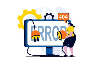 Page not found concept with people scene in flat cartoon design. Woman has technical problems in operation of website and 404 errors on computer screen. Illustration visual story for web