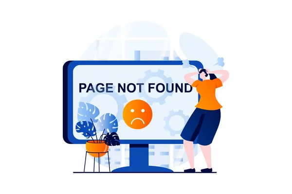 Page not found concept with people scene in flat cartoon design. Angry woman sees broken website sign with access error and page crash on computer screen. Illustration visual story for web