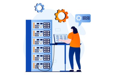 Server maintenance concept with people scene in flat cartoon design. Woman working at laptop in server rack hardware room, monitoring and administration. Illustration visual story for web