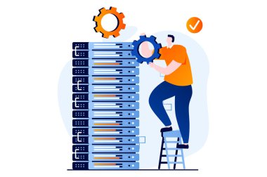 Server maintenance concept with people scene in flat cartoon design. Man working in server rack hardware room, settings and optimization, fixing connection. Illustration visual story for web
