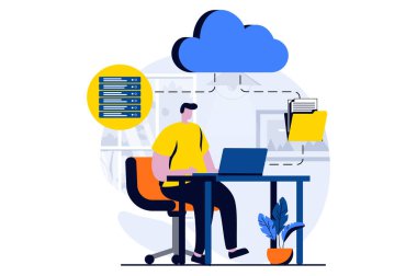 Server maintenance concept with people scene in flat cartoon design. Man making settings and optimization connection of internet provider and fixing problems. Illustration visual story for web