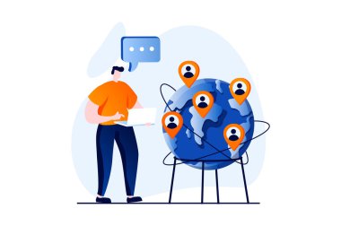 Social network concept with people scene in flat cartoon design. Man communicates online with different people around world using chats, messengers and laptop. Illustration visual story for web