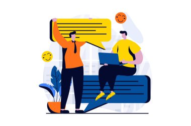 Social network concept with people scene in flat cartoon design. Men write and send messages to each other, online communication and distant friendship. Illustration visual story for web