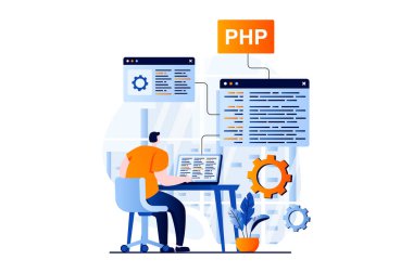 Software development concept with people scene in flat cartoon design. Man working with php language, coding at screens, programming and creates products. Illustration visual story for web
