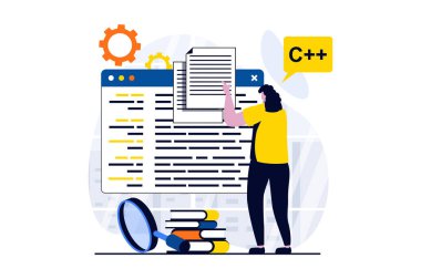 Software development concept with people scene in flat cartoon design. Woman developer programming at screens, searching problems and fixing code in programs. Illustration visual story for web