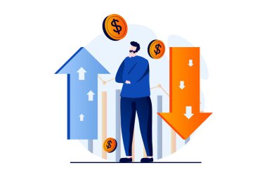 Stock market concept with people scene in flat cartoon design. Man thinking and analysis chart with arrow with different trends and trading on stock exchange. Illustration visual story for web