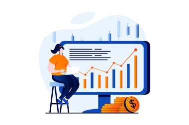 Stock market concept with people scene in flat cartoon design. Woman invests savings and earns money, analyzes data graph and develops successful strategy. Illustration visual story for web