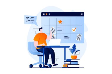 Strategic planning concept with people scene in flat cartoon design. Man develops project strategy, brainstorming, sets tasks, organizes business workflows. Illustration visual story for web