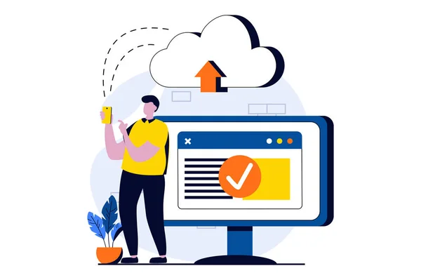 SaaS concept with people scene in flat cartoon design. Man uploading files using cloud storage and sharing it between different gadgets. Software as a service. Illustration visual story for web