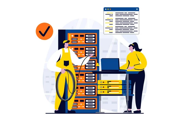 Server maintenance concept with people scene in flat cartoon design. Woman and man technicians team working in server rack hardware room and fixing problems. Illustration visual story for web