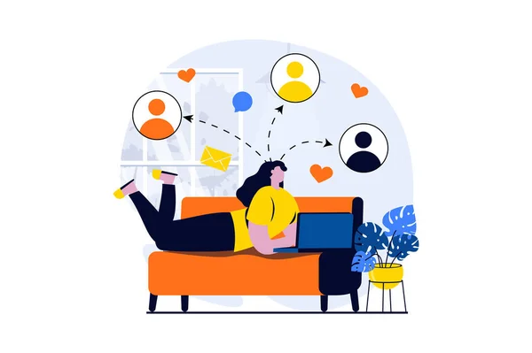 Social Network Concept People Scene Flat Cartoon Design Woman Writes — Stockfoto