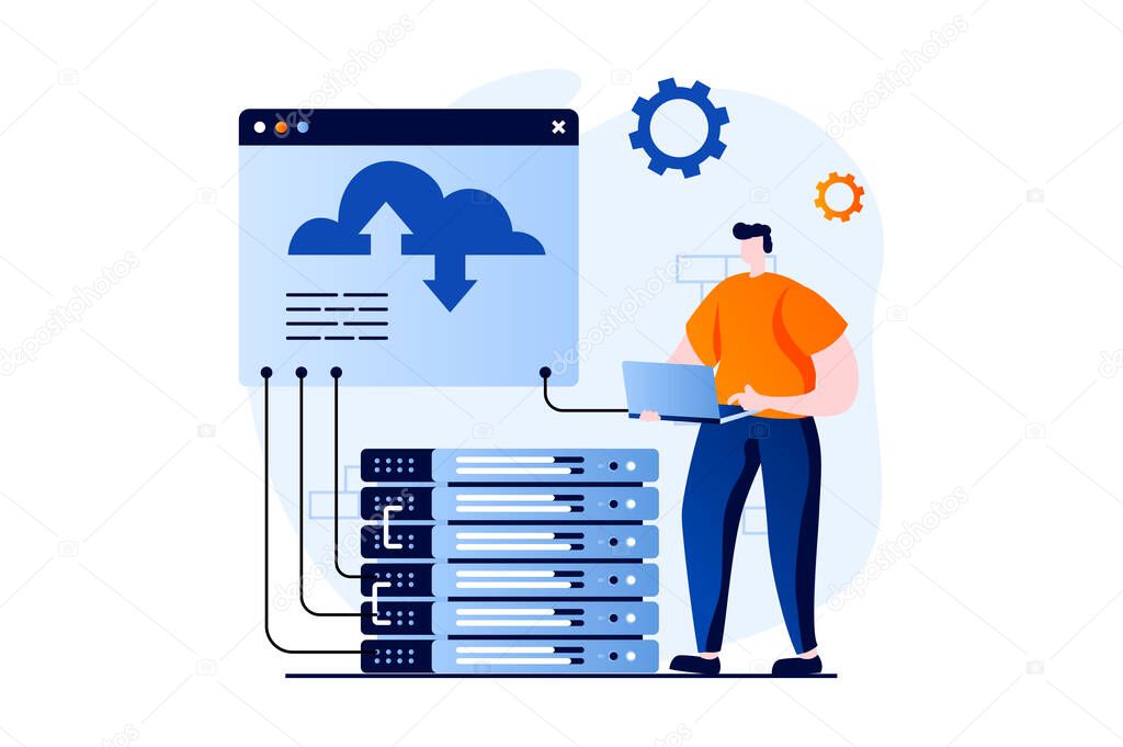 SaaS concept with people scene in flat cartoon design. Man computing using cloud technology, programming and working with hosting. Software as a service. Illustration visual story for web