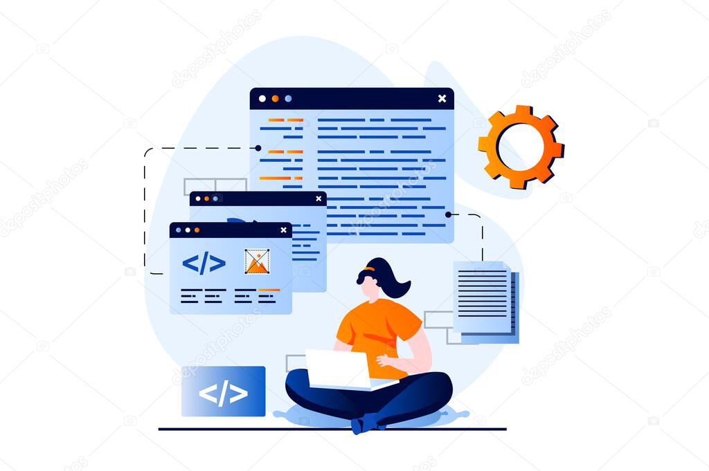 Software development concept with people scene in flat cartoon design. Woman working, optimizes code at screens, programming and creates products on laptop. Illustration visual story for web