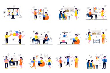 Business meeting concept with tiny people scenes set in flat design. Bundle of men and women discuss tasks in video conference, work in office, analyze data and brainstorm. Vector illustration for web