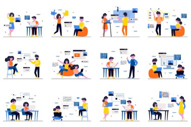 Web development concept with tiny people scenes set in flat design. Bundle of men and women developers working, creating webpages layouts, testing, coding and optimization. Vector illustration for web