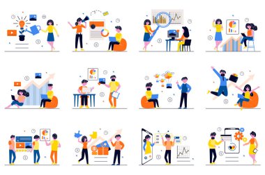 Digital marketing concept with tiny people scenes set in flat design. Bundle of men and women create digital content, make advertising, analyze data, online promotion. Vector illustration for web