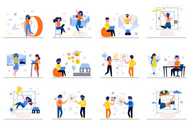 Virtual reality concept with tiny people scenes set in flat design. Bundle of men and women in VR glasses playing games in cyberspace, working at screens and interacting. Vector illustration for web