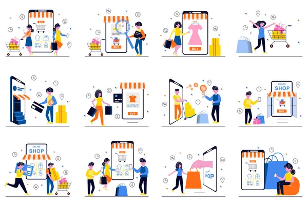 Mobile Shopping Concept Tiny People Scenes Set Flat Design Bundle — Vettoriale Stock