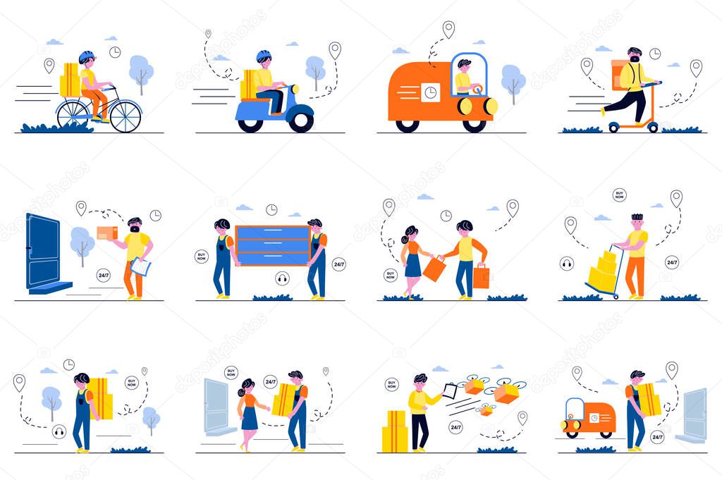 Delivery concept with tiny people scenes set in flat design. Bundle of courier delivery, truck transportation, loaders working, flying drone with parcels, fast shipping. Vector illustration for web