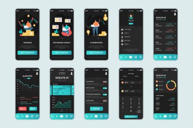 Crypto exchange concept screens set for mobile app template. People trade cryptocurrency, analyze and manage accounts. UI, UX, GUI user interface kit for smartphone application layouts. Vector design