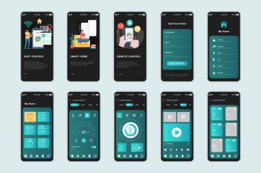 Smart home concept screens set for mobile app template. People control temperature sensors, lighting, security system. UI, UX, GUI user interface kit for smartphone application layouts. Vector design