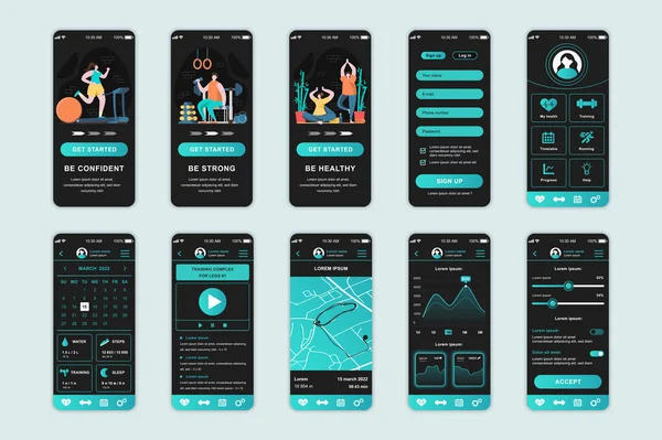 Fitness Concept Screens Set Mobile App Template People Doing Different — Stockový vektor