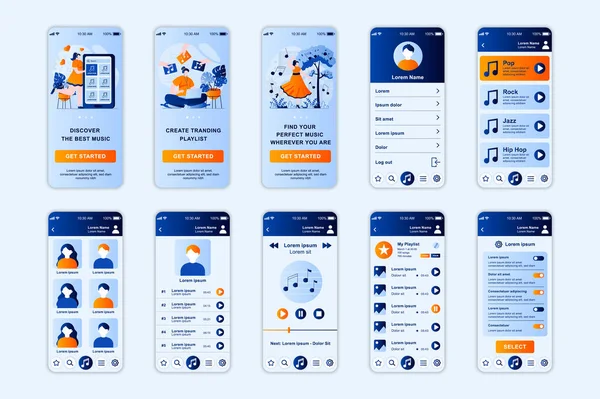 Οθόνες Μουσικής Concept Για Πρότυπο Εφαρμογών Για Κινητά Άνθρωποι Ακούνε — Διανυσματικό Αρχείο