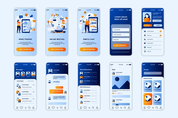 Social Network Concept Screens Set Mobile App Template People Chat — Stockový vektor