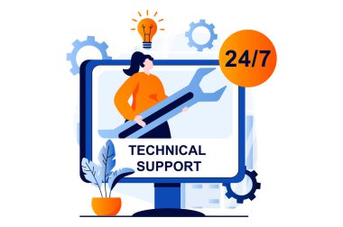 Technical support concept with people scene in flat cartoon design. Woman with wrench solving tech problems of clients, making repair and computer maintenance. Illustration visual story for web
