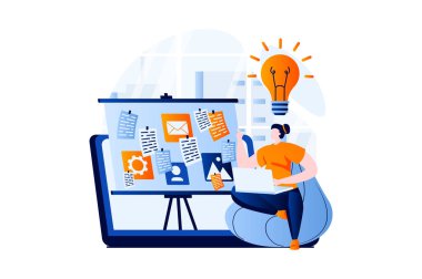 Ui ux design concept with people scene in flat cartoon design. Woman designer creates user interface using laptop, brainstorming and generating new ideas. Illustration visual story for web