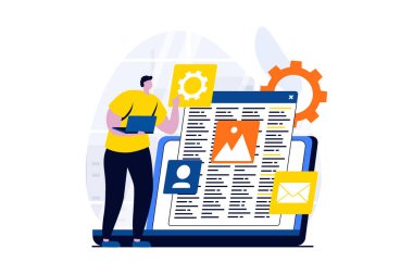 Web development concept with people scene in flat cartoon design. Man designer creates websites layouts at laptop, programming and testing code on screen. Illustration visual story for web
