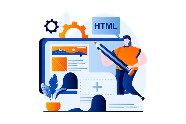 Web development concept with people scene in flat cartoon design. Man is programming in html, creating and optimizing website and testing online platform. Illustration visual story for web