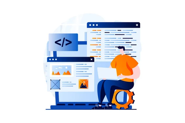 Web Development Concept People Scene Flat Cartoon Design Man Programming — Stock fotografie