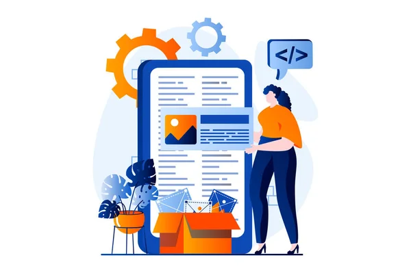 Web Development Concept People Scene Flat Cartoon Design Woman Creating — Stockfoto