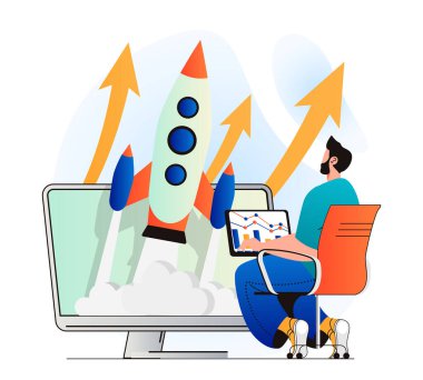 Business startup concept in modern flat design. Man launches new project on market, analyzes data, strategy and profit growth. Businessman working on development of his company. Web illustration