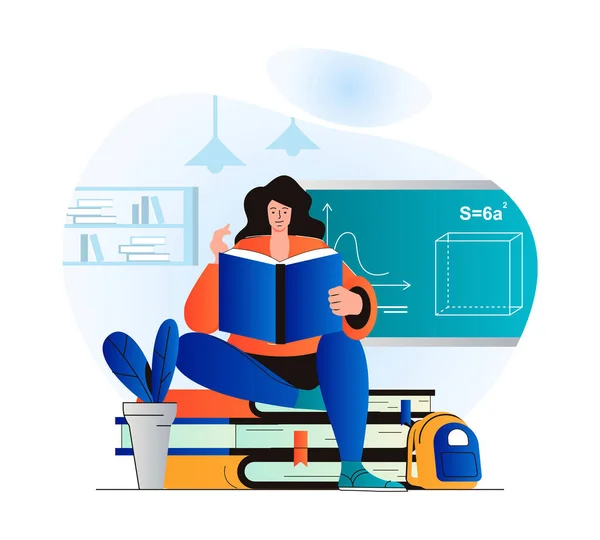Education concept in modern flat design. Woman is reading book. Pupil studies from textbook, does her homework in library. Student learning at school, college or university. Web illustration