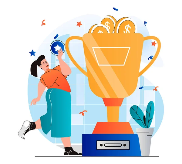 Business award concept in modern flat design. Businesswoman holding star and won huge gold cup, getting first place in competition. Triumph, profit growth, achievement of goals. Web illustration
