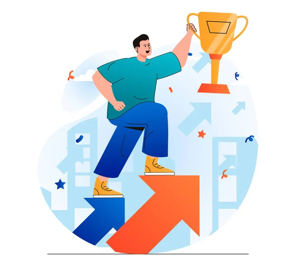 Business award concept in modern flat design. Businessman holding gold cup and moves up on arrow. Triumph, profit growth, achievement of career goals, leadership in competition. Web illustration