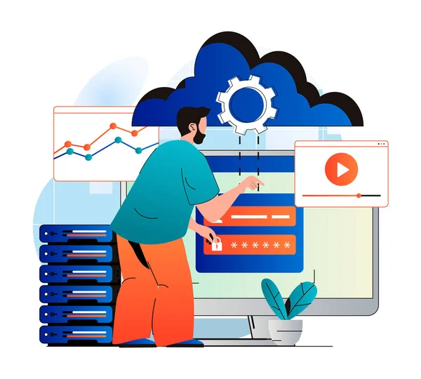 Cloud computing concept in modern flat design. Man user gains access to cloud storage and uploads his content to server. Data center infrastructure, service and technical support. Web illustration