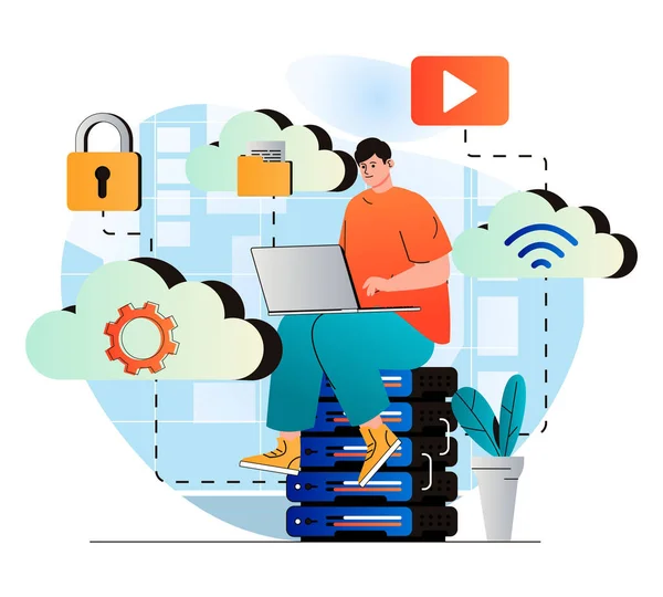 Cloud computing concept in modern flat design. User works at laptop and uses cloud technologies. Wireless secure connection, storage and processing, personal data protection. Web illustration