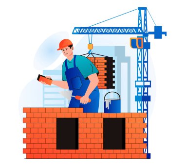 Construction engineer concept in modern flat design. Builder makes brickwork and builds wall of house. Bricklayer or handyman working on construction site. Real estate business. Web illustration