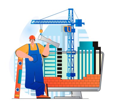 Construction engineer concept in modern flat design. Builder holds blueprint and tools. Bricklayer makes brickwork. Constructor working at building site. Real estate business. Web illustration